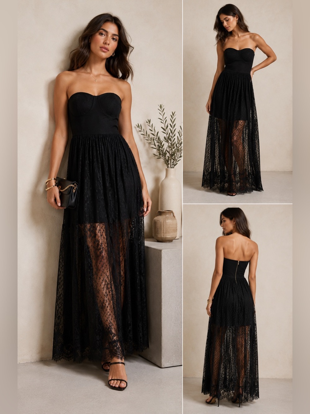 Guess Black Lace Strapless Maxi Dress Size 6 Sheer Formal Goth